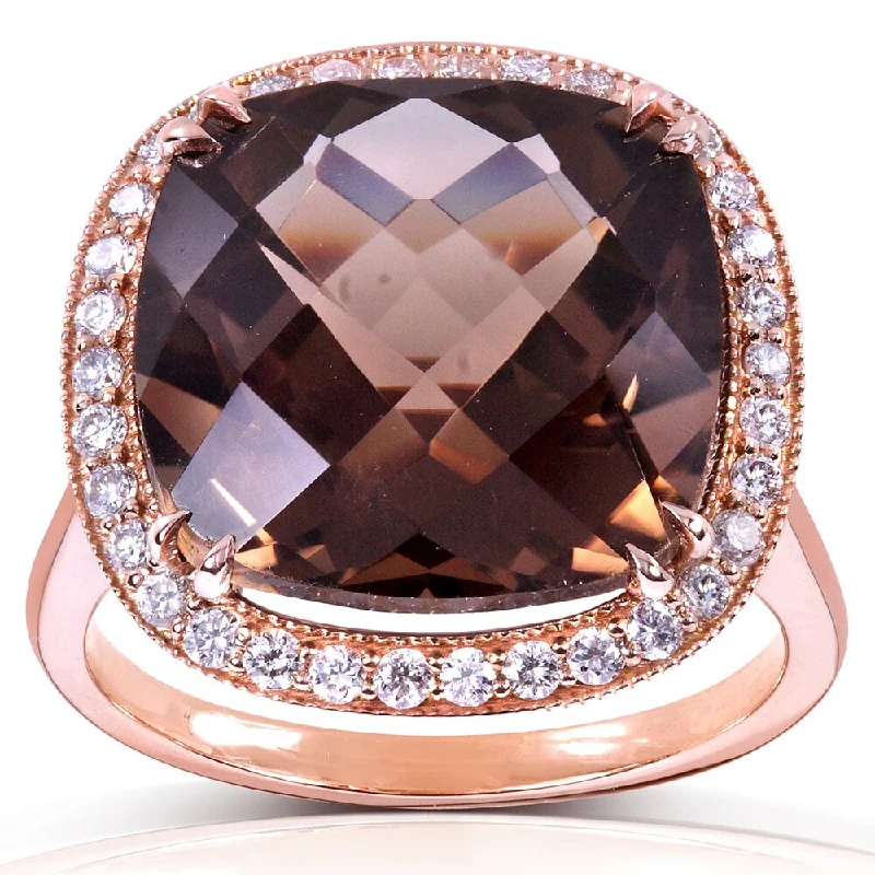 Annello by Kobelli 14k Rose Gold 8 1/4ct TGW Cushion Smoky Quartz and Diamond Halo Large Gemstone Ring