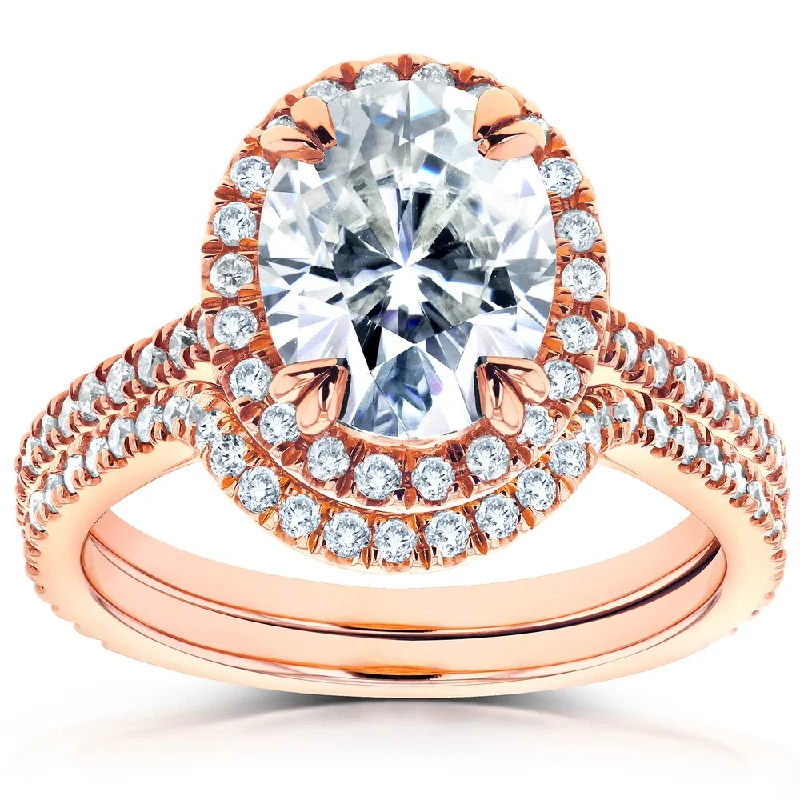 Annello by Kobelli 14k Rose Gold Oval Moissanite and 1/2ct TDW Diamond Halo 2-Piece Bridal Rings Set