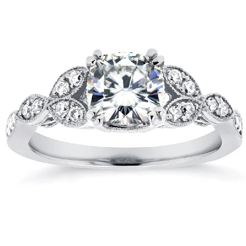 Annello by Kobelli 14k White Gold 1 1/10ct Cushion Forever Moissanite and 1/5ct TDW Diamond Floral A