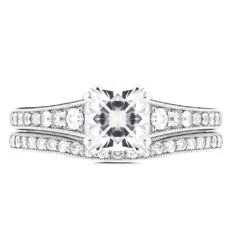 Annello by Kobelli 14k White Gold 1 1/10ct Cushion Moissanite and 2/5ct TDW Diamond Bridal Set