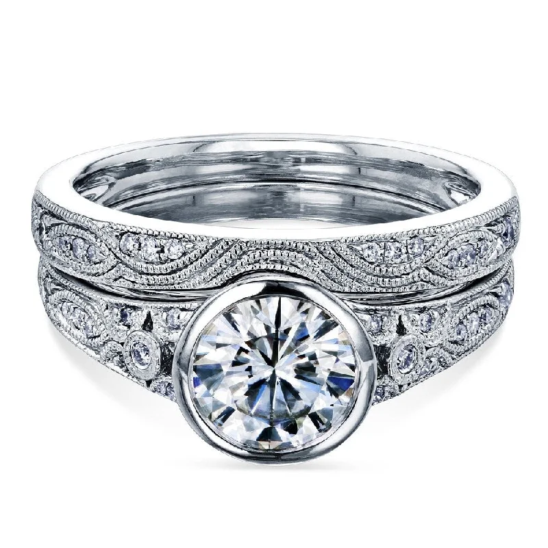 Annello by Kobelli 14k White Gold 1 1/10ct TGW Bezel Moissanite and Diamond Vintage Bridal Set, Low Setting (DEF/VS, GH/I)