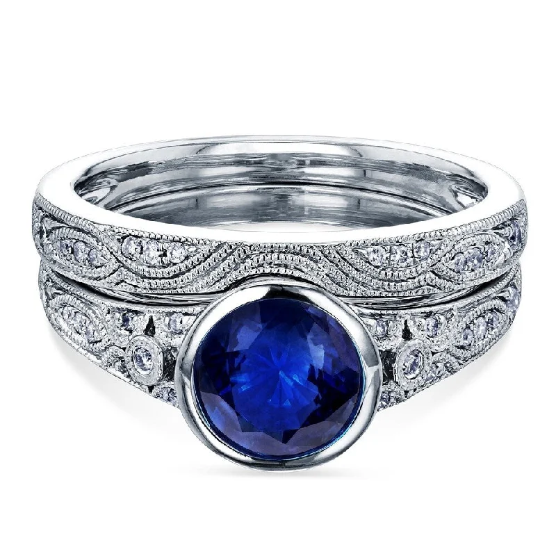 Annello by Kobelli 14k White Gold 1 1/10ct TGW Blue Sapphire Bezel Low Setting Vintage Bridal Rings Set