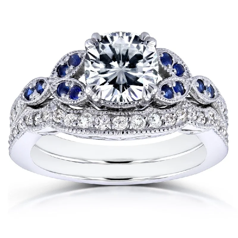 Annello by Kobelli 14k White Gold 1 1/2 Carat TGW Cushion Moissanite (DEF) with Sapphire and Diamond Accents Bridal Set