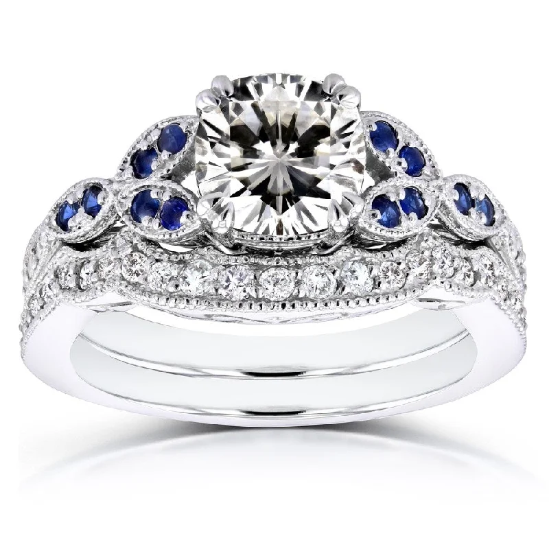 Annello by Kobelli 14k White Gold 1 1/2 Carat TGW Cushion Moissanite with Sapphire and Diamond Accents Bridal Set