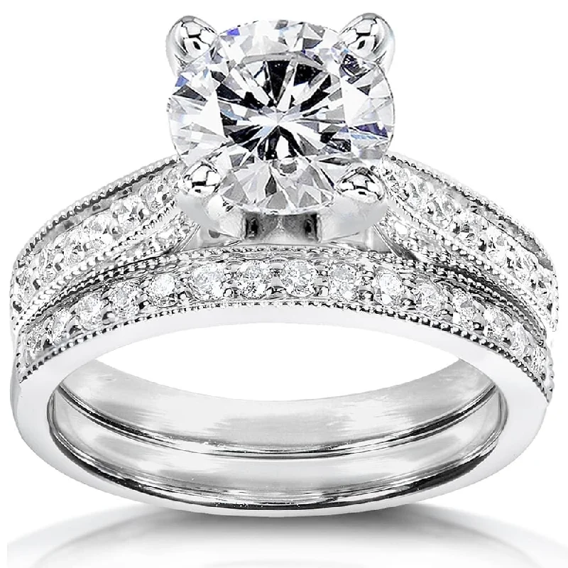 Annello by Kobelli 14k White Gold 1 1/2ct Round Moissanite and 1/3ct TDW Diamond Pave Milgrain Bridal Set