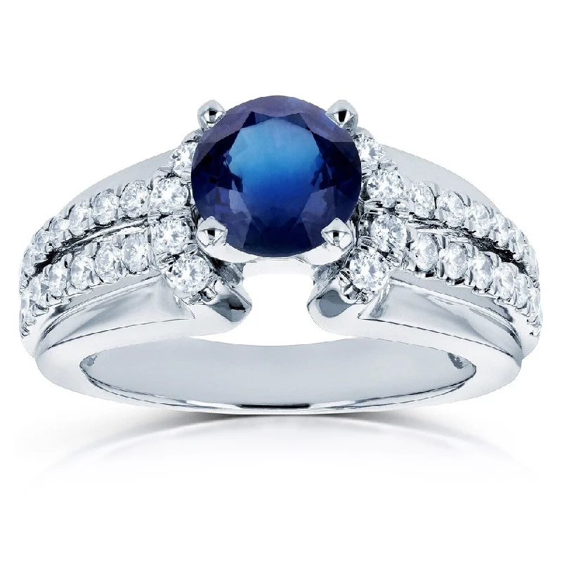 Annello by Kobelli 14k White Gold 1 1/2ct TGW Blue Sapphire and Diamond Split Shank Engagement Ring