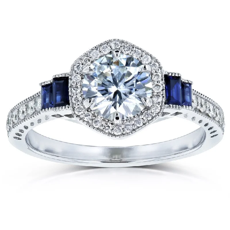 Annello by Kobelli 14k White Gold 1 1/2ct TGW Moissanite Sapphire and Diamond 6-prong Halo Art Deco Ring (DEF/VS, Blue, GH/I)