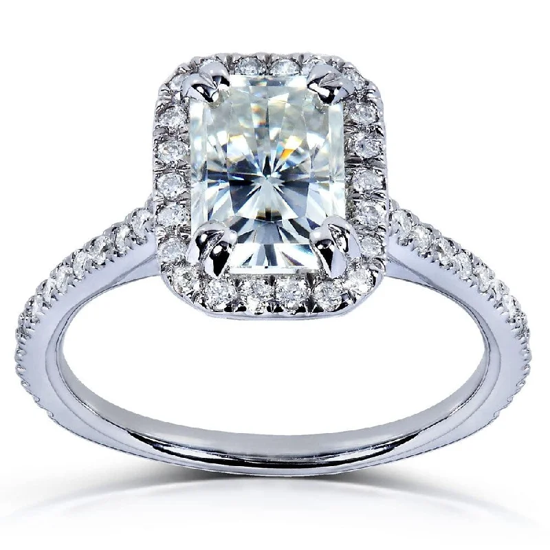 Annello by Kobelli 14k White Gold 1 1/2ct TGW Radiant Moissanite and Diamond Rectangular Halo Engagement Ring