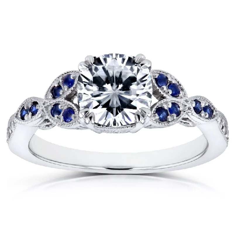 Annello by Kobelli 14k White Gold 1 1/3 Carats TGW Forever One Colorless Moissanite (DEF) with Diamond and Sapphire Accents Ring