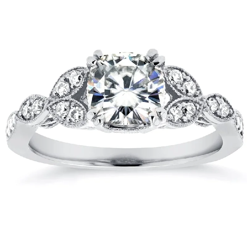 Annello by Kobelli 14k White Gold 1 1/3ct TGW Cushion-cut Moissanite and Diamond Vintage Floral Engagement Ring