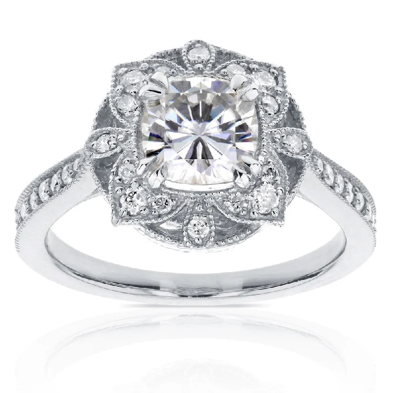 Annello by Kobelli 14k White Gold 1 1/3ct TGW Cushion Moissanite and Diamond Floral Antique Ring