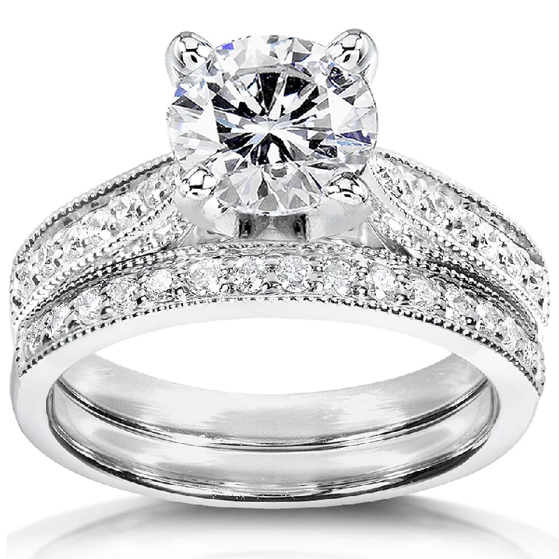 Annello by Kobelli 14k White Gold 1 1/3ct TGW Round Forever One DEF Moissanite and Diamond Antique Bridal Set