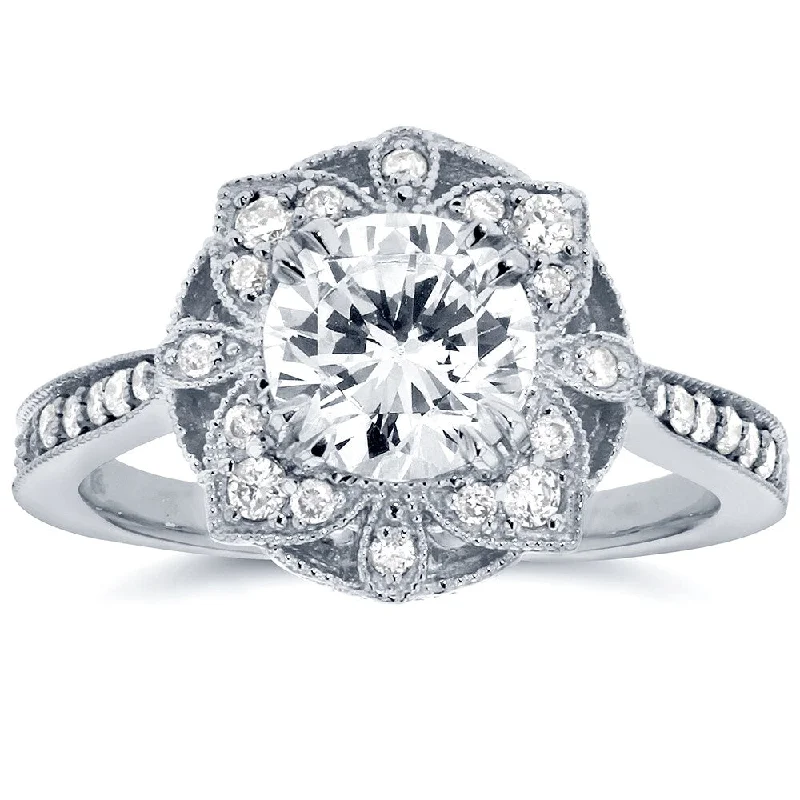 Annello by Kobelli 14k White Gold 1 1/4ct TGW Round Moissanite and Diamond Vintage Floral Engagement Ring