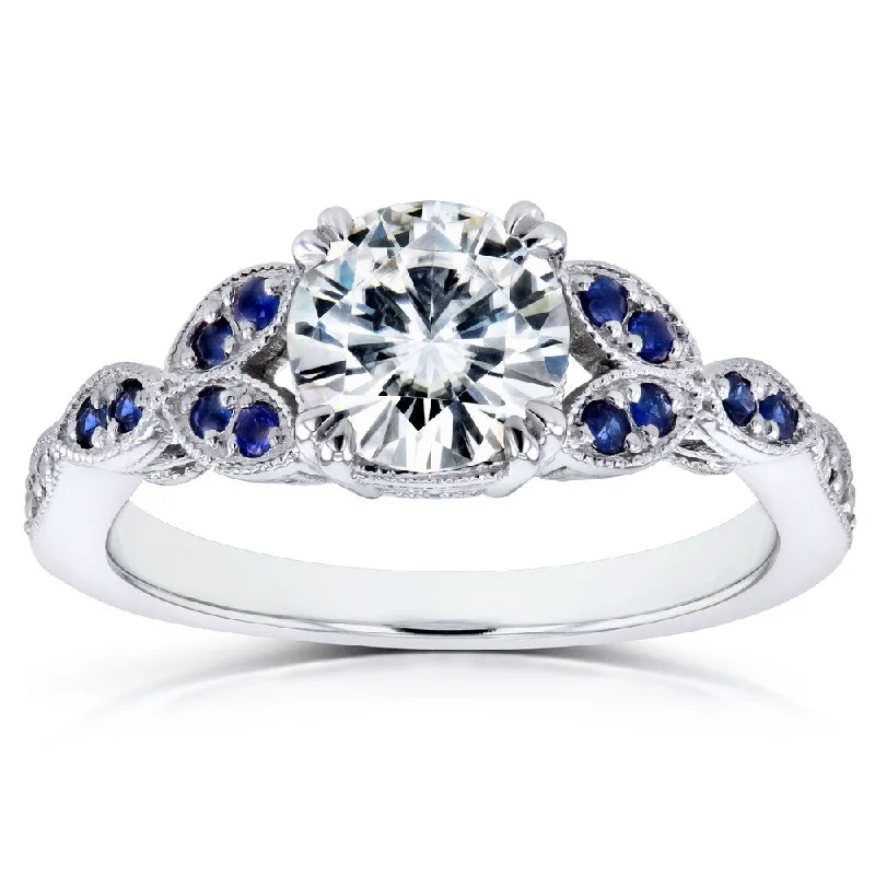 Annello by Kobelli 14k White Gold 1 1/5ct TCW Forever One Colorless (DEF) Moissanite with Diamond and Sapphire Floral Ring