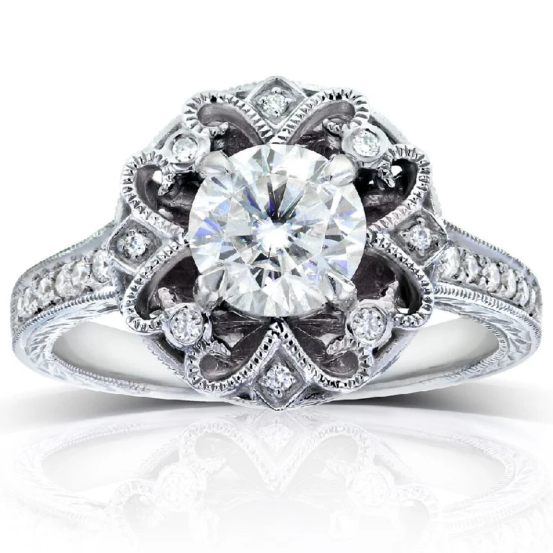 Annello by Kobelli 14k White Gold 1 1/5ct TGW Forever One Moissanite and Diamond Antique Floral Extravagant Engagement Ring