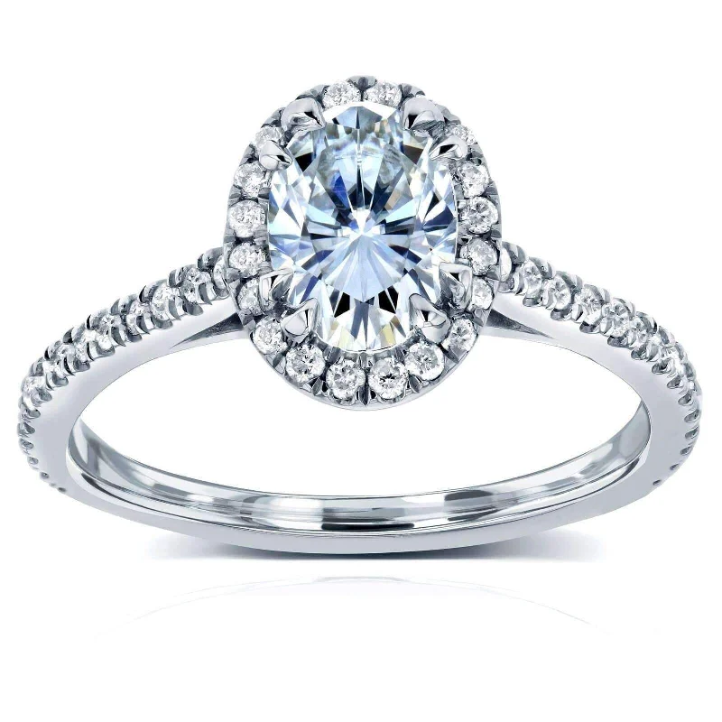 Annello by Kobelli 14k White Gold 1 1/5ct TGW Moissanite and Diamond Traditional Oval Halo Engagement Ring