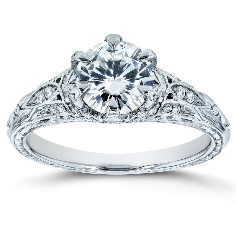 Annello by Kobelli 14k White Gold 1 1/6ct TGW Forever One Moissanite and Diamond 6-Prong Antique Engagement Ring