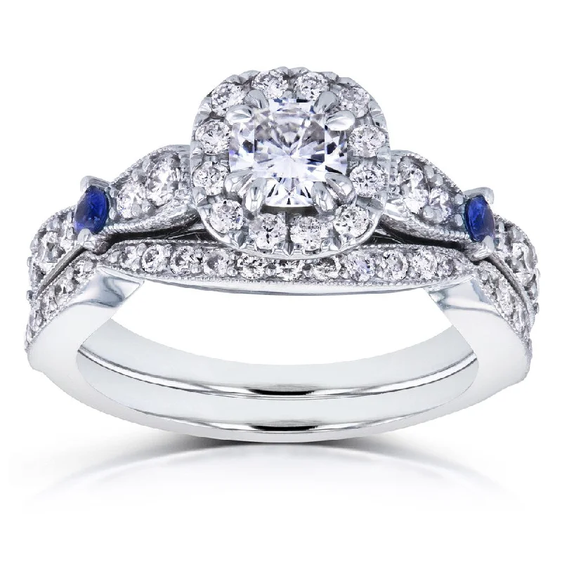 Annello by Kobelli 14k White Gold 1 1/6ct TGW Moissanite with Sapphire and Diamond Antique 2 Ring Bridal Set (GH, I1-I2)