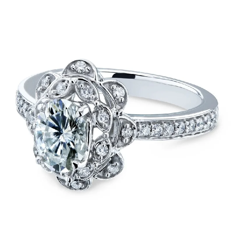 Annello by Kobelli 14k White Gold 1 1/6ct TGW Oval Moissanite and Diamond Halo Floral Engagement Ring (GH/VS, GH/I)