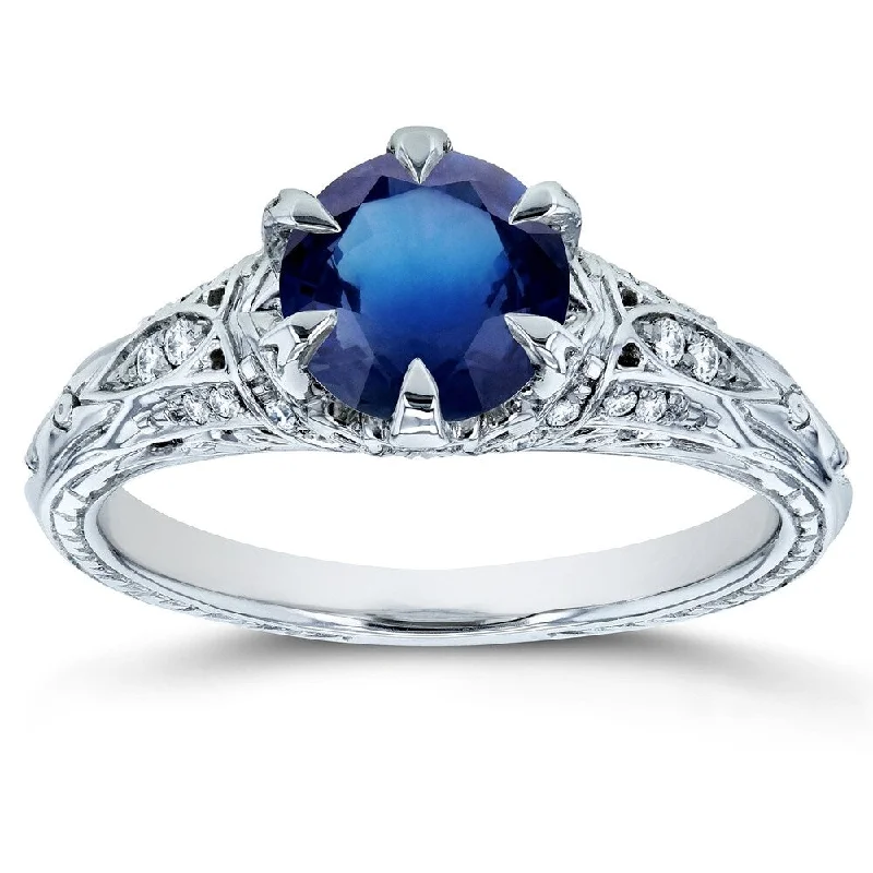 Annello by Kobelli 14k White Gold 1 1/6ct TGW Sapphire and Diamond 6-Prong Antique Engagement Ring