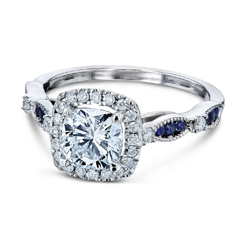 Annello by Kobelli 14k White Gold 1 2/5 Carat TGW Forever One Moissanite, Diamond, and Blue Sapphire Cathedral Halo Ring