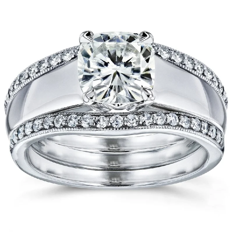 Annello by Kobelli 14k White Gold 1 2/5ct TGW Cushion Cut Moissanite Solitaire and Diamond Double Band (GH/VS, GH/I)