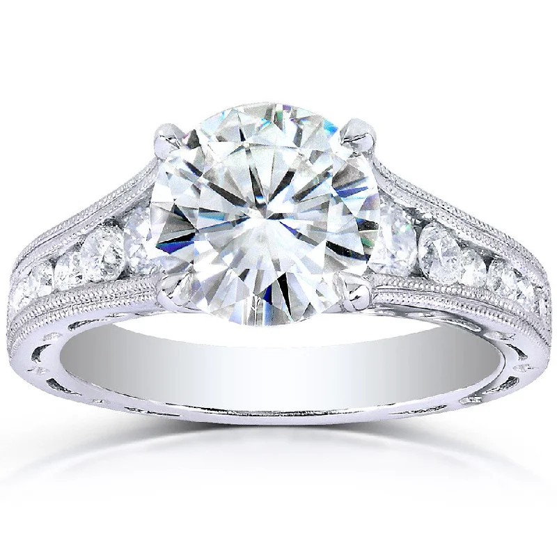 Annello by Kobelli 14k White Gold 1 2/5ct TGW Forever One DEF Moissanite and Diamond Channel Milgrain Vintage Engagement Ring