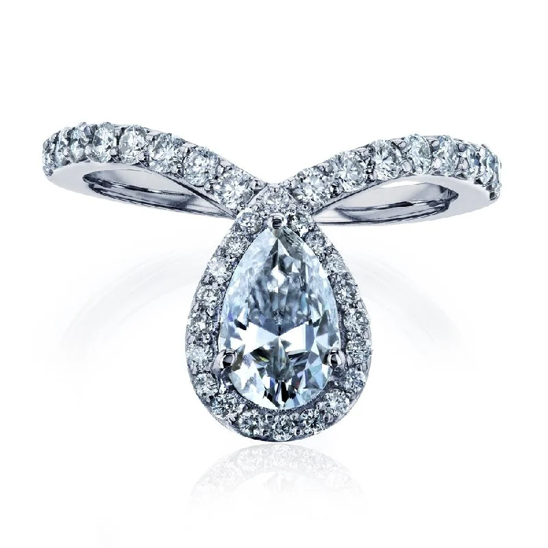 Annello by Kobelli 14k White Gold 1-2/5ct TGW Pear Drop Moissanite and Diamond V-Shape Ring