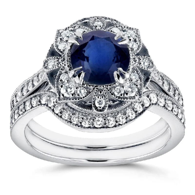 Annello by Kobelli 14k White Gold 1 3/4ct TCW Sapphire and Diamond 2-Piece Floral Antique Bridal Set