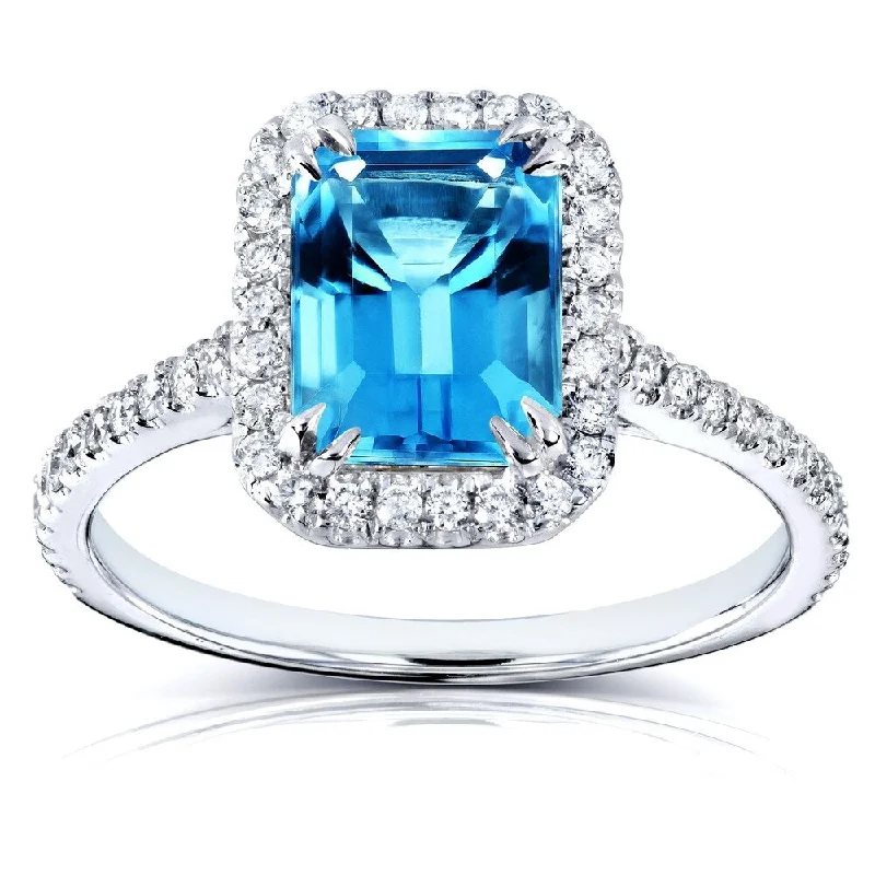 Annello by Kobelli 14k White Gold 1 3/4ct TGW Emerald Cut Swiss Blue Topaz and Diamond Halo Gemstone Ring