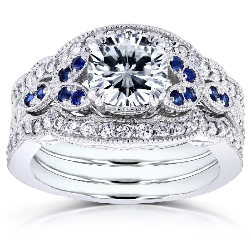 Annello by Kobelli 14k White Gold 1 3/4ct TGW Moissaanite (DEF) with Diamond and Sapphire 3-piece Bridal Set