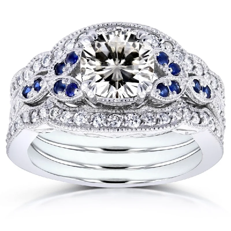 Annello by Kobelli 14k White Gold 1 3/4ct TGW Moissaanite (GH) with Diamond and Sapphire 3-piece Bridal Set