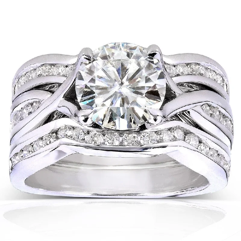 Annello by Kobelli 14k White Gold 1 3/4ct TGW Round-cut Moissanite and Channel-set Diamond 3-piece Bridal Rings Set