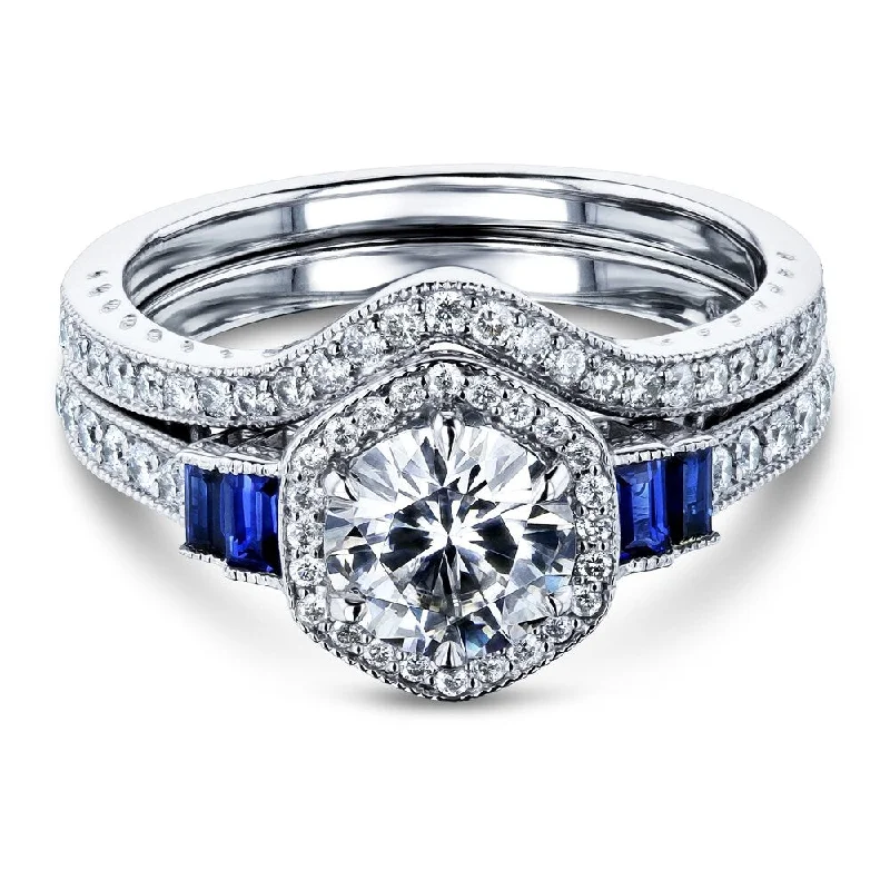 Annello by Kobelli 14k White Gold 1 3/4ct.tw Hexagon Halo Blue Sapphire and Mixed White Gemstones Bridal Rings Set