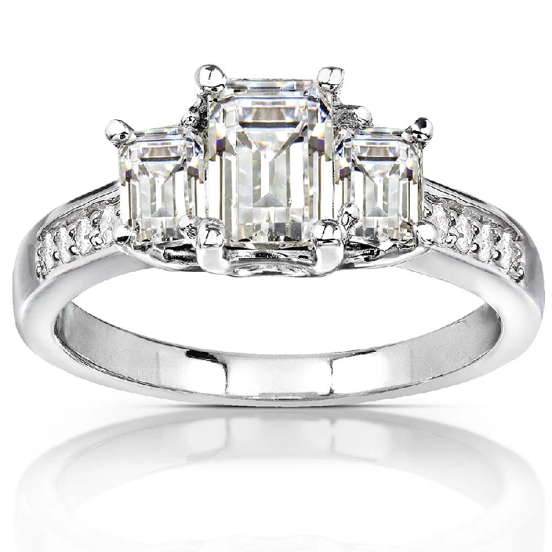 Annello by Kobelli 14k White Gold 1 3/5ct TGW Emerald-cut Moissanite and Diamond Accent 3-Stone Engagement Ring