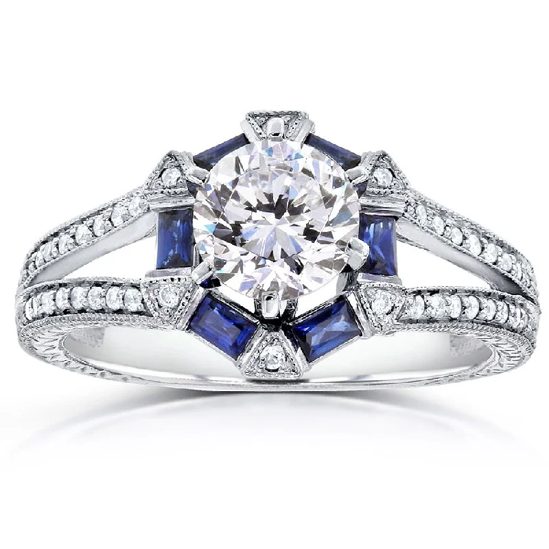 Annello by Kobelli 14k White Gold 1 3/5ct TGW Forever One DEF Moissanite, Baguette Sapphire. and Diamond Art Deco Ring