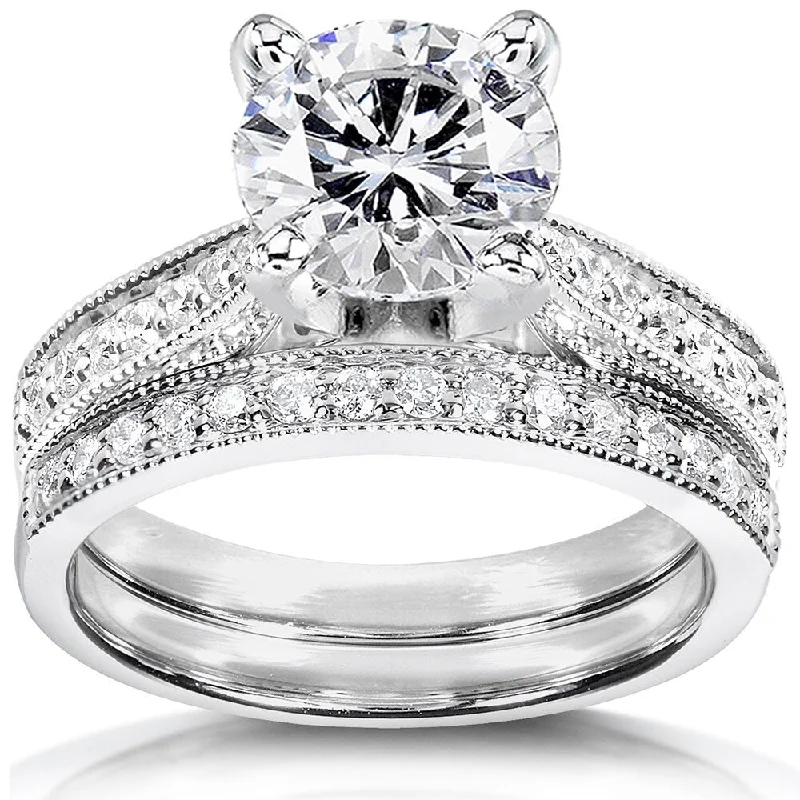 Annello by Kobelli 14k White Gold 1 7/8ct Round Moissanite and 1/3ct TDW Diamond Pave Milgrain Bridal Set