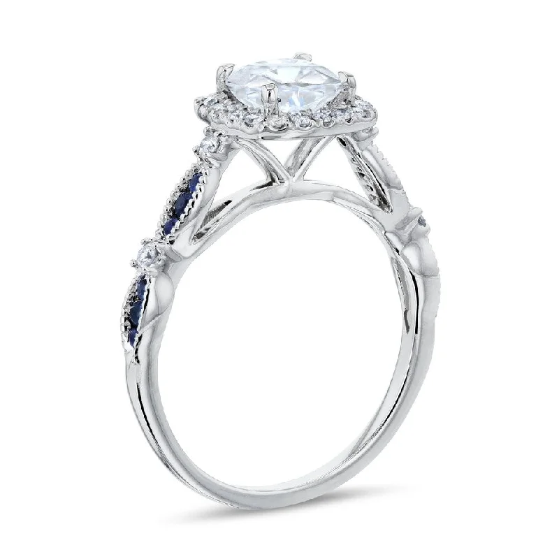 Annello by Kobelli 14k White Gold 1ct Round Forever One Moissanite Blue Sapphire and White Diamond Engagement Ring, 1-1/3ct TGW