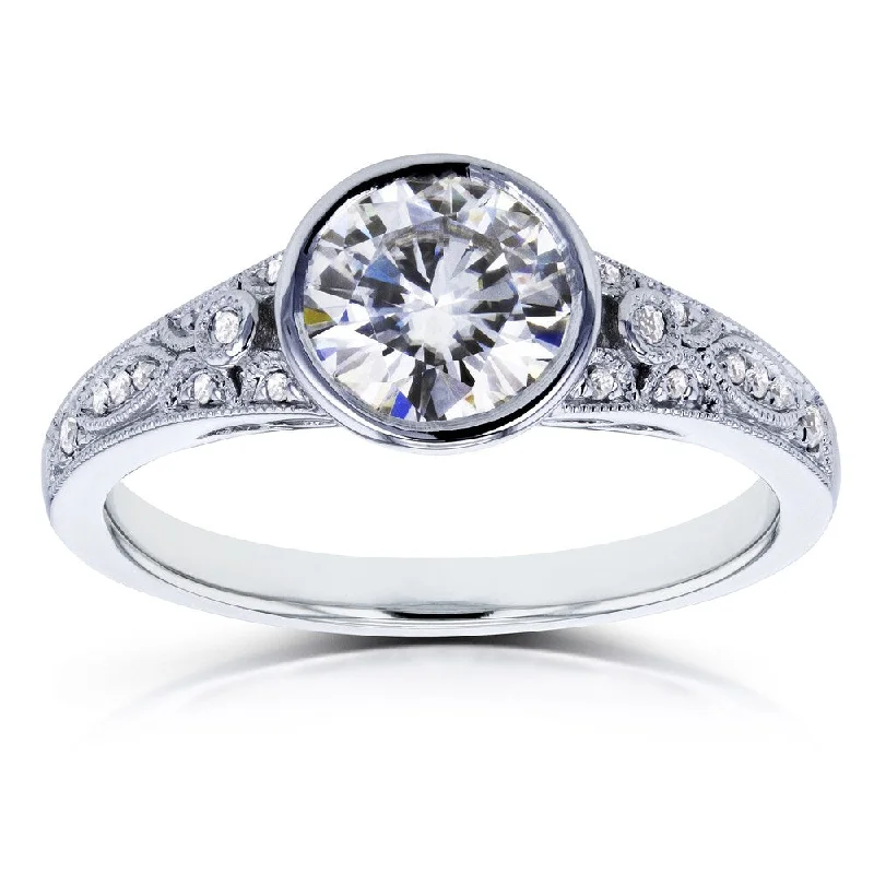 Annello by Kobelli 14k White Gold 1ct TGW Moissanite Bezel Set and Diamond Accent Vintage Engagement Ring