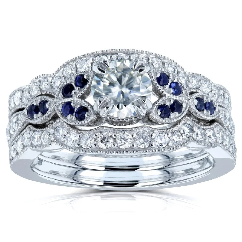 Annello by Kobelli 14k White Gold 1ct TGW Round Moissanite Floral Vintage Style Bridal Set with Diamond and Sapphire