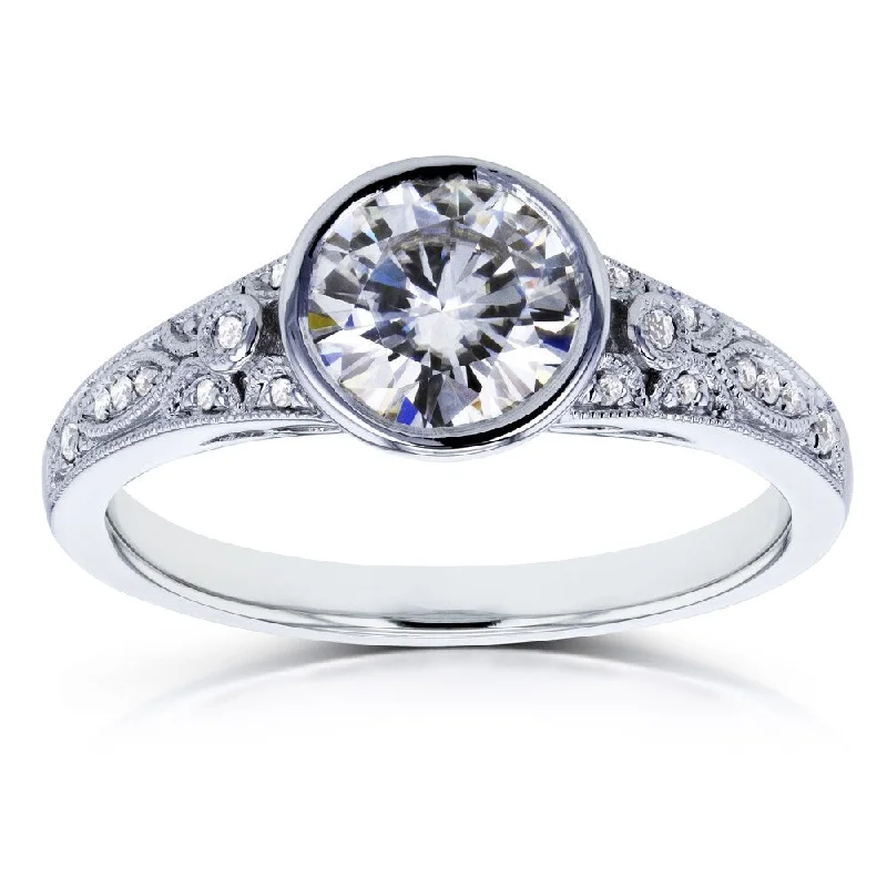 Annello by Kobelli 14k White Gold 1ct TGW Round Moissanite (H-i) Bezel and Diamond Accent Vintage Engagement Ring