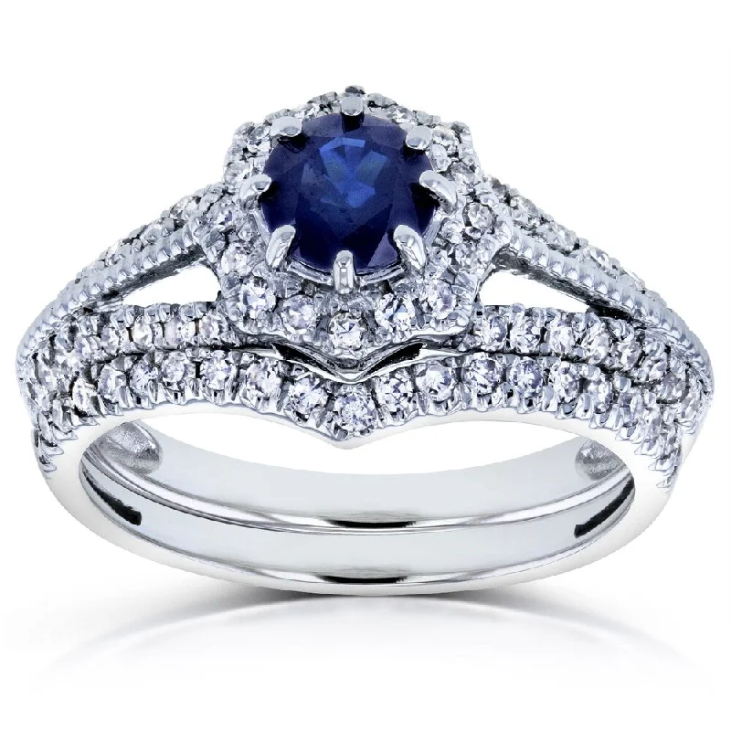 Annello by Kobelli 14k White Gold 1ct TGW Sapphire and Diamond Star Halo Chevron Bridal Rings Set