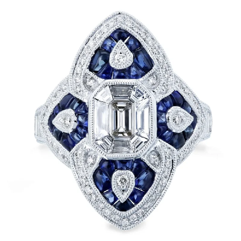 Annello by Kobelli 14K White Gold 2 1/2ct TGW Diamond and Sapphire Cabochon Ornate Long Pointed Ring - Size 7