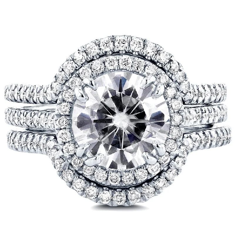 Annello by Kobelli 14k White Gold 2 1/2ct TGW Round Moissanite and Diamond Halo 3-Piece Bridal Set (GH/VS, GH/I)