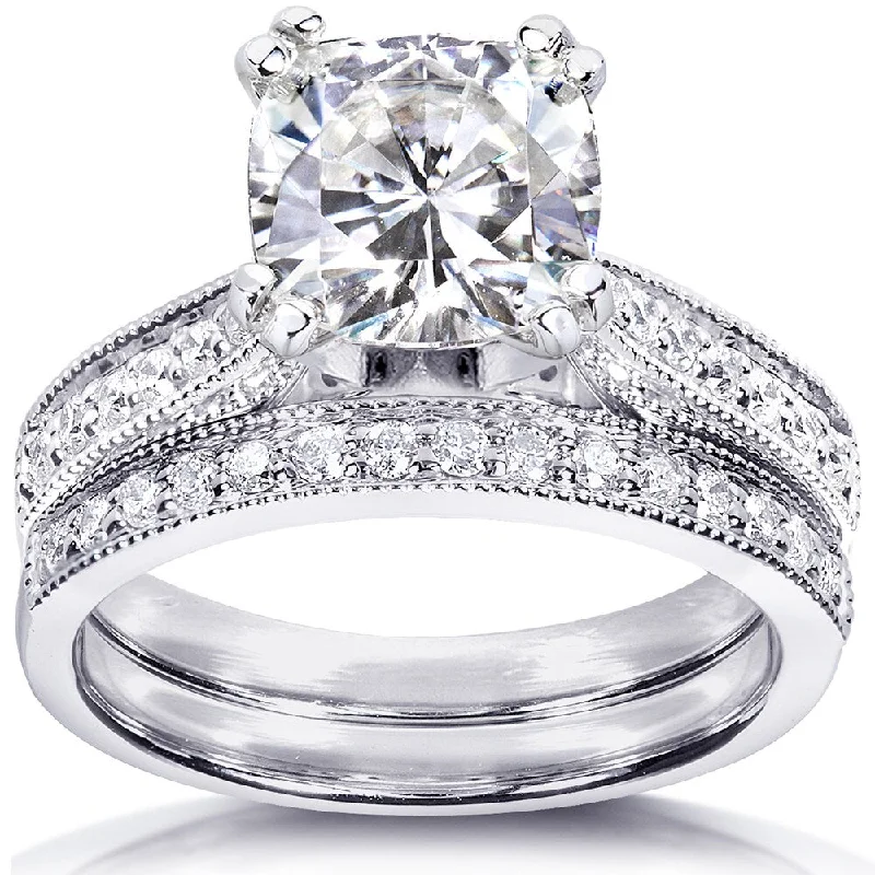 Annello by Kobelli 14k White Gold 2 1/3ct TGW Cushion Forever One DEF Moissanite and Diamond Antique Bridal Set