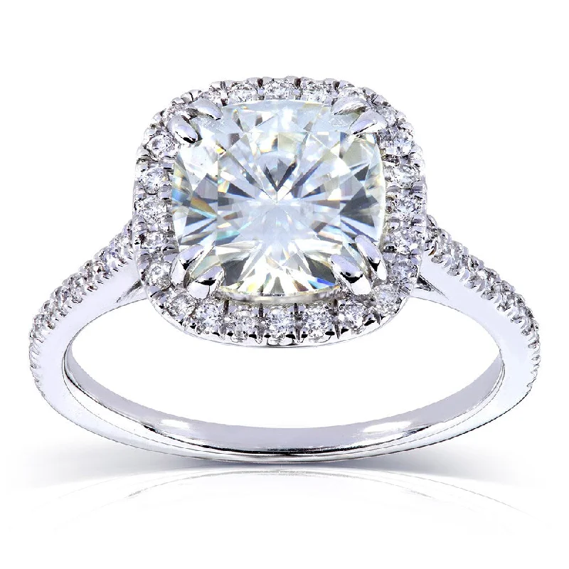 Annello by Kobelli 14k White Gold 2 1/4ct TGW Forever One Moissanite and Diamond Cushion Halo Engagement Ring