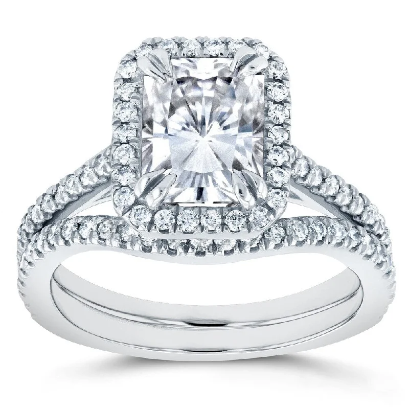 Annello by Kobelli 14k White Gold 2 1/4ct TGW Radiant Cut Moissanite and Diamond Halo 2-Piece Bridal Rings Set