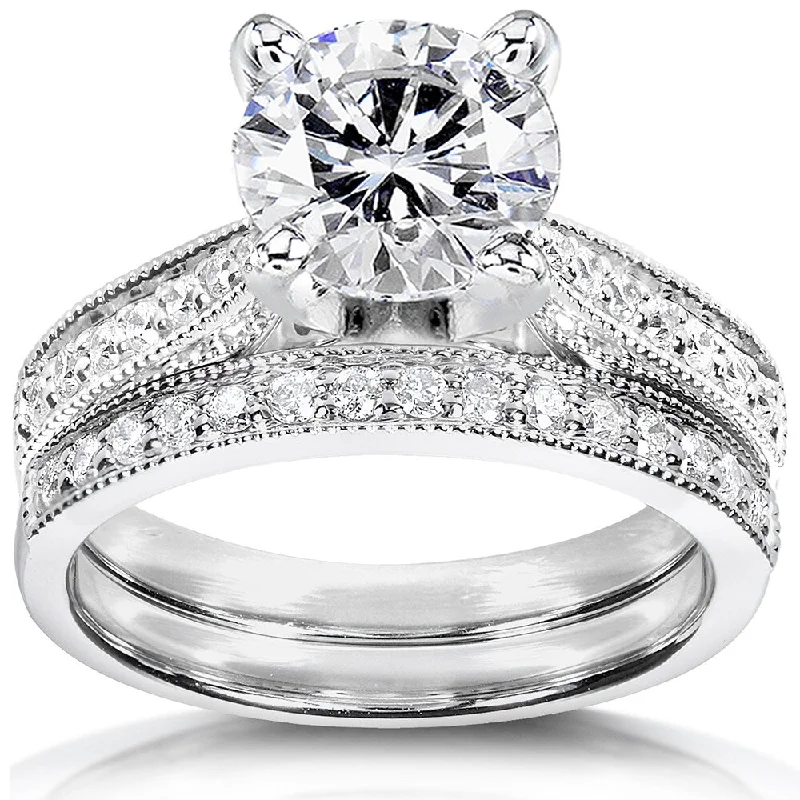 Annello by Kobelli 14k White Gold 2 1/4ct TGW Round Forever One DEF Moissanite and Diamond Antique Bridal Set