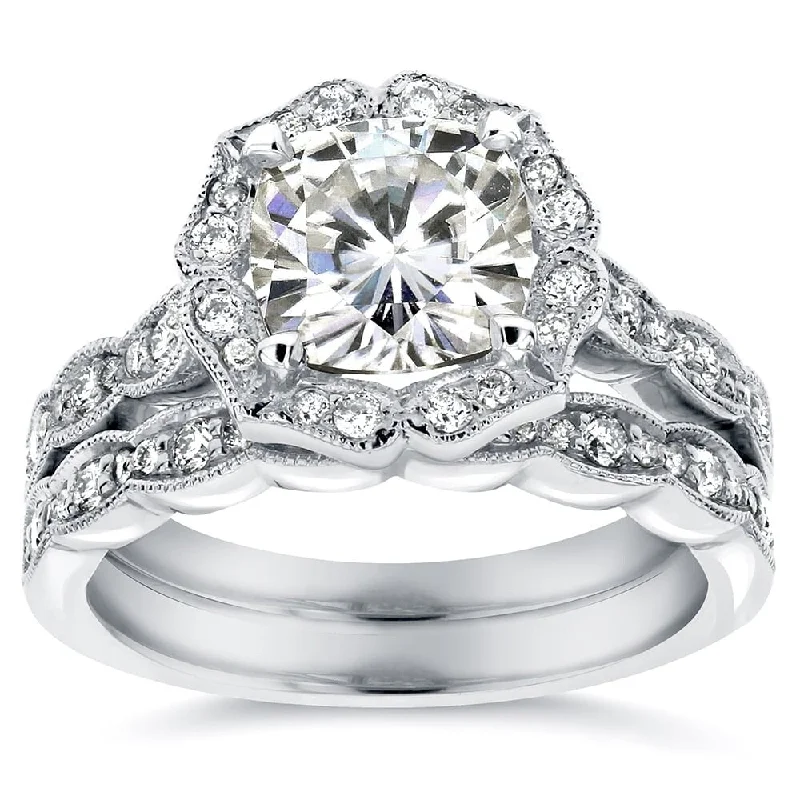 Annello by Kobelli 14k White Gold 2 1/6ct TGW Cushion-cut Moissanite and Diamond Floral Vintage Bridal Ring Set