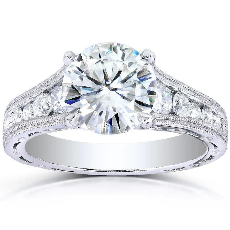 Annello by Kobelli 14k White Gold 2 2/5ct TGW Moissanite and Channel Diamonds Vintage Engagement Ring